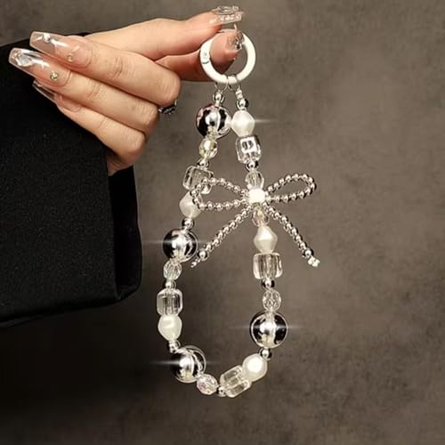 Image of Phone Charm with Beaded Chain | Acrylic Phone Strap for Mobile Keys & Bags | Decorative Wrist Strap | Lanyard Charms | Keychain Accessory for Women Girls (Silver-Bow)