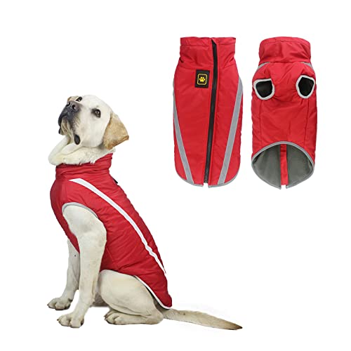 Dog Coat Jacket, Warm Coats for Medium Large Dogs Jackets Waterproof Pet Winter Clothes Reflective Windproof Fleece Puppy Outdoor Coats for Bulldog, Golden Retriever, Labrador, Samoye, Husky(5XL/Red)
