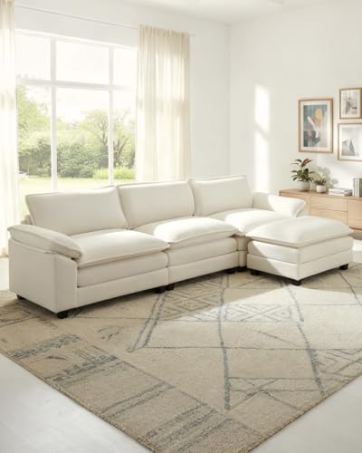 Karl home Sectional Sofa Modular Deep Seat Sofa Couch with Ottoman, Teddy Fleece Sofa Sleeper Comfy Upholstered Furniture for Living Room, Apartment, Studio, Office, (3-Seat & 1-Ottoman, Teddy Beige)