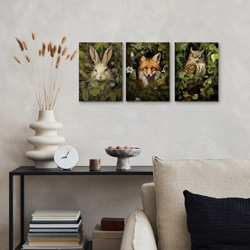 Alptiny Zwierzęta leśne, obrazy na płótnie, zestaw 3 sztuk, 30 x 40 cm, z ramą – zając, lis, sowa, plakat do salonu i pokoju dziecięcego, obrazy ścienne, natura, druk HD, montaż bez wiercenia