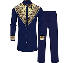 Aimik Mens African 2 Piece Set Metallic Traditional Suit Gold Stamp Printed African Dashiki Shirt And Pants Outfit Black L
