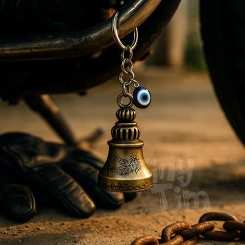 Image of Tiny Tim Guardian Bell with Evil Eye Charm - Protective Motorcycle & Car Accessory - Tibetan-Inspired Design - Wards Off Negative Energy - Ideal Gift for Bikers & Travelers