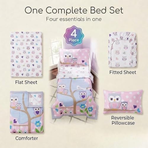 Image of EVERYDAY KIDS 4 Piece Toddler Bedding Set - Owls - Soft 100% Cotton Percale - Includes Comforter, Flat Sheet, Fitted Sheet and Reversible Pillowcase