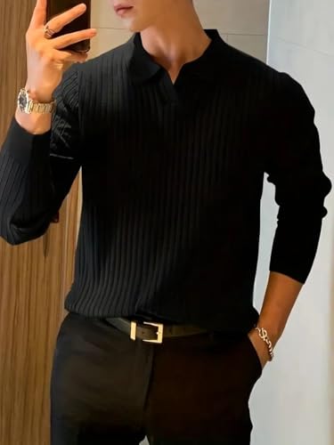 Men's Spring & Fall Solid Drop Shoulder Long Sleeves Collar Sweater,Casual Slim Long Sleeve Pullover Knitwear for Daily4