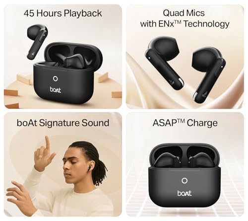 Image of Boat Airdopes Ace Gen 2 TWS Earbuds with 45H Battery, 4Mics ENx Tech, ASAP Charge, 13mm Drivers, 50 ms Low Latency, IPX5, Bluetooth Earbuds, TWS Ear Buds Wireless Earphones with mic (Shadow Black)