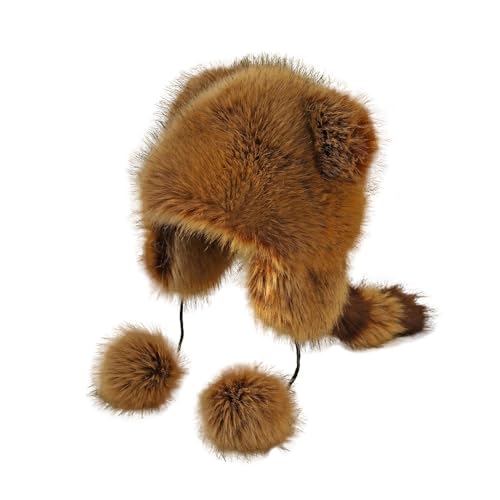 Chic New Raccoon Ear Protective Caps with Tail，Soft and Cozy Faux Raccoon Fur Hat—Plush Parent-Child Hat for Winter