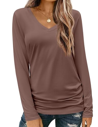 Zeagoo Womens T Shirts Long Sleeve V Neck Basic Tee Casual Loose Fit Soft Fall Tops Outfits 2025 Brown M