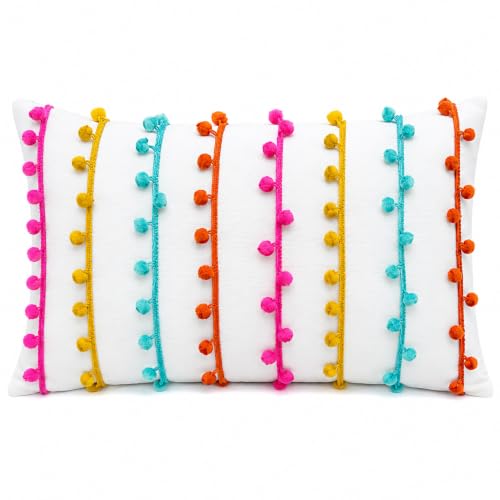 WWW.THROWPILLOW.IN White Cushion Cover with Multicolor Pom-Pom Lace - Decorative Throw Pillow Cover for Sofa, Couch, Bed - Boho Chic Home Décor with Vibrant Pom Pom Rectangular Cushion 12x18 Inches