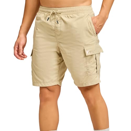 Image of Boldfit Cargo Shorts for Men with Elastic Drawstring Waist, Multi Utility Pocket Short Pant for Men Zipper Design Summer Half Pant for Man Trekking, Hiking & Street Style