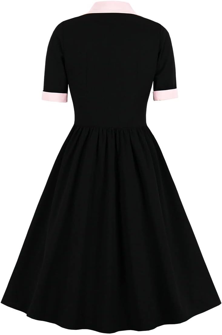 Vintage Women 1940s Bow Tie Neck Dress Retro 40s 50s Button Up Business Work A-line Cocktail Dresses - Image 3