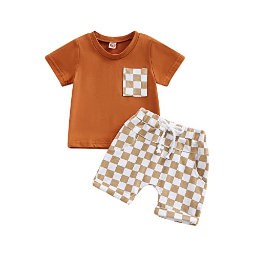 Image of Karuedoo Baby Boy Girl Summer Outfits Checkered Plaid Short Sleeve T-Shirt Top Shorts Set Trendy Toddler Checkerboard Outfit