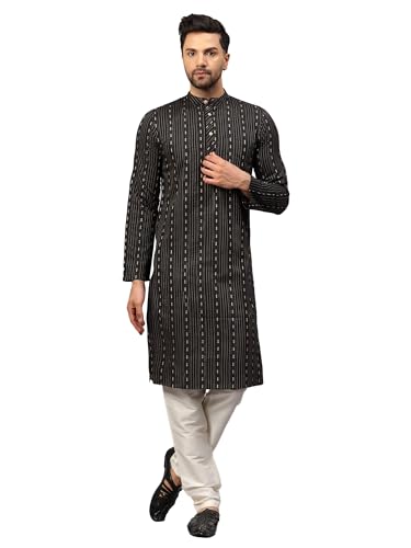 Image of LATEST CHIKAN Men's Cotton Regular Striped Knee Lenght Kurta Full Sleeves