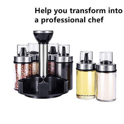 Premium Salt and Pepper Shakers Set 6 Glass Jars with 360°Rotating Holder Seasoning Bottles Stainless Steel Kitchen Spice Rack Set Durable Transparent Dust Cover 3 Different Cover Shapes