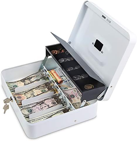Cash Box with Key Lock - Steel Tiered Money Coin Tray with Lid Cover and Bill Slots | Portable Compact Safe | 4 Keys | White Metal Lockable Storage Box for Change, Petty Cash, Fundraiser, Garage Sale