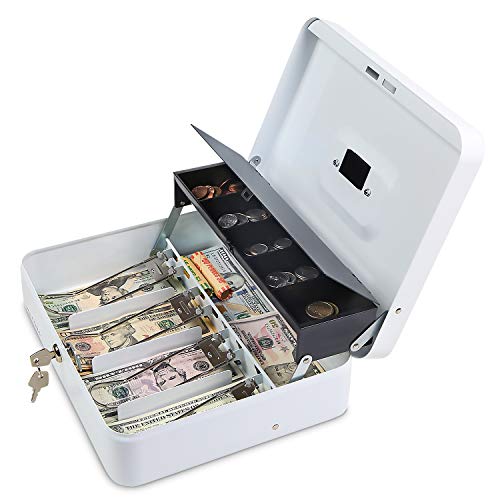 Cash Box With Key Lock - Steel Tiered Money Coin Tray With Lid Cover And Bill Slots | Portable Compact Safe | 4 Keys | White Metal Lockable Storage Box For Change, Petty Cash, Fundraiser, Garage Sale #TOP3