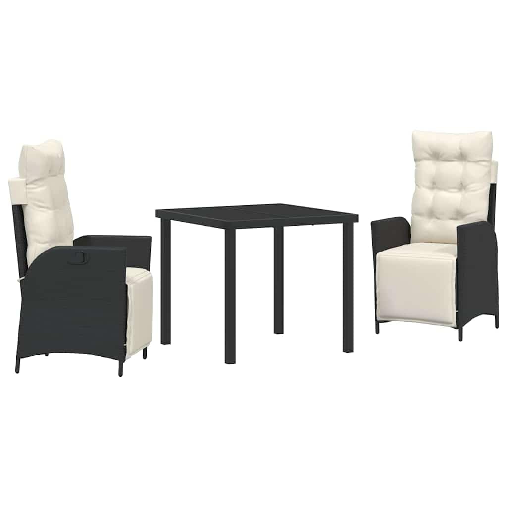 Salon de jardin 3 pièces rotin synthétique noir table verre rectangulaire fauteuil réglable