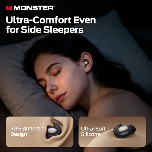 Image of Monster Sleep Ear100 Ear Buds, Sleep Headphones with Stereo Sound, Design for Side Sleeper, 32H Playtime, Bluetooth 6.0, ENC Noise Cancelling, IPX6 Waterproof Mini Earbuds, Black
