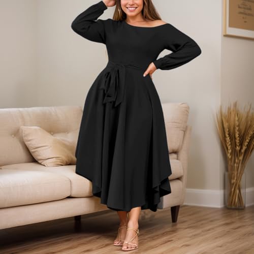 Plus Size Formal Dresses for Women Off Shoulder Long Sleeve Boat Neck Irregularly Flowy Midi Church Dress4