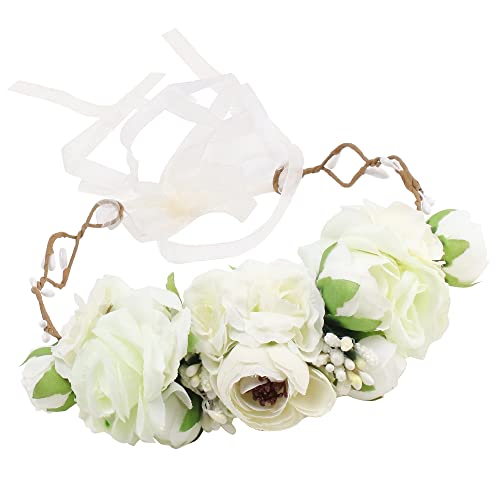 Didder Flower Crown Boho Flower Headband, White Flower Crowns for Women Bride Wedding Flower Headbands for Women Girls with Adjustable Ribbon Flower Girl Headpiece for Bridesmaid Party Prom Gift