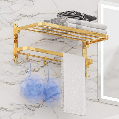 Image of Towel Rack for Bathroom, Shelf for Wall with Towel Hooks, Towel Rack, Kitchen Accessories Items Wall Mounted for Heavy-Duty Elegance (Gold, 18 Inch)