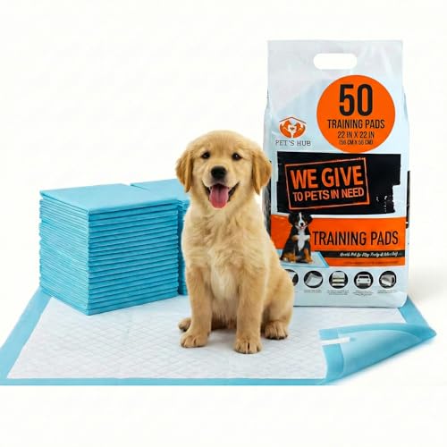 PETS HUB Dog & Puppy Training Pads 50 Pack Super-Absorbent Large Puppy Pads Leak-Proof Heavy Duty Dog Mats Anti-Slip and Disposable Dog Pee Pads (56 x 56 cm) (Pack of 50)