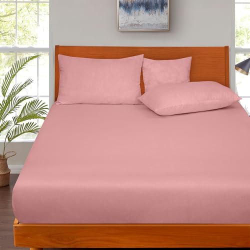 Image of ROYALE LINENS 300 Thread Count 100% Long Staple Combed Cotton Fitted Sheet King - Super Soft Deep Pocket Bottom Sheet - Fitted Sheets Only - Elastic Sheets (King, Pink)