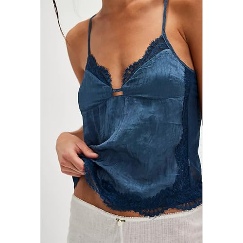 Women Lace Trim Cami Spaghetti Strap Deep V Neck Tie Back Slim Fit Basic Going Out Tank Tops Camisole Streetwear3