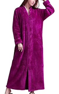 DSNOW Ladies Zip Fleece Waffle Long Dressing Gown Fluffy Towelling Bathrobe Sleepwear, Rose Red, XL