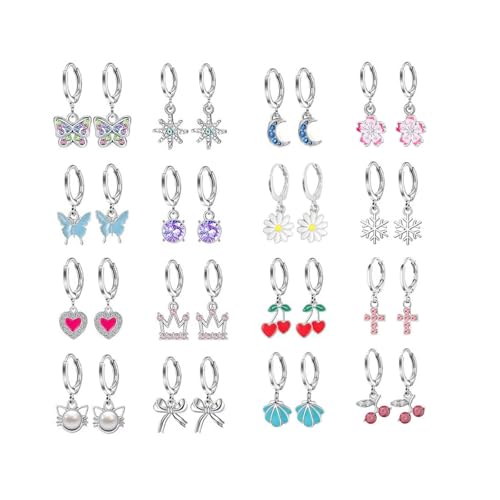 16 Pairs Hypoallergenic Dangle Hoop Earrings for Girls Teens Women,Cute Kids Hoop Earrings Set with Charm Heart Pearl Bow Butterfly Animal Small Huggie Earring Jewelry Gift