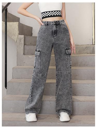 OYOANGLE Girl's Washed Elastic Waist Wide Leg Cargo Jeans Casual Baggy Denim Pants with Pocket4