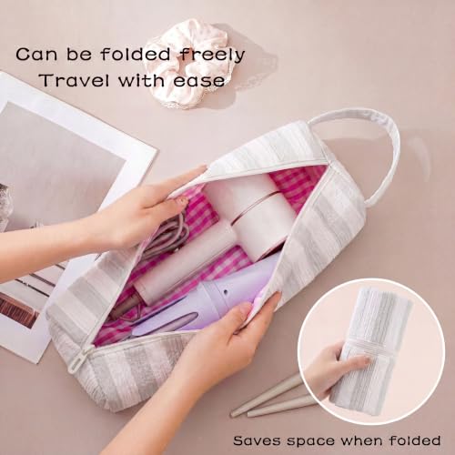 Image of RSRSLEII Striped Hair Tools Travel Bag,Hair Styling Accessories Storage Case for Shark FlexStyle,Dyson Airwrap Hair Dryer,Curling Iron,Straightener,Revlon Hair Tools,Portable&Foldable(20Gray&White)
