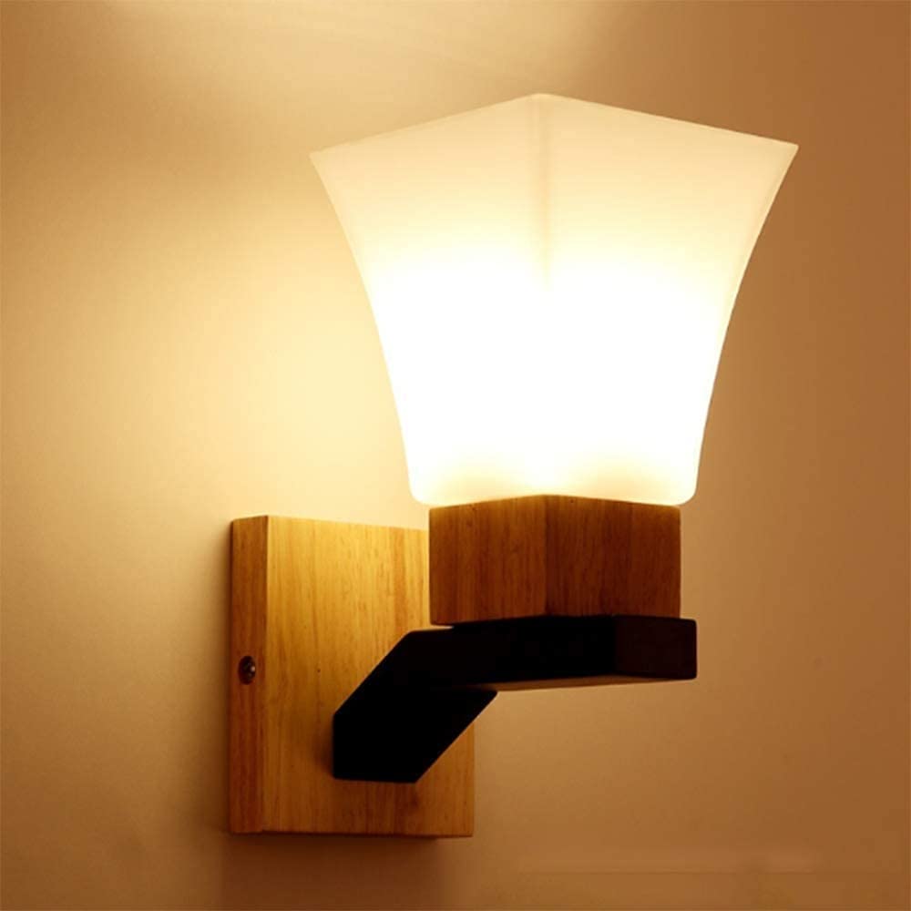 JKJZSALJ Wall Sconces, Post Lights Outdoor,Japanese Simple Wooden Wall Lamp with Glass Shade Indoor Lighting Wall Sconce E27 Bedroom Bedside Lamp Lantern Hardwired Wall Light for Liv