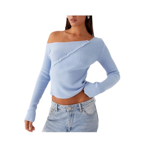 Image of Women Off Shoulder Long Sleeve Sweater Y2K Ribbed Knit Pullover Solid Crop Top Going Out Boat Neck Blouse