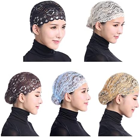 Huliyhus 5 Pcs Womens Muslim Inner Hijab Caps Under Scarf Hat Cap Shiny Lace Head Cover Stretch Beanie Turban Hat Chemo Caps (Set 3)
