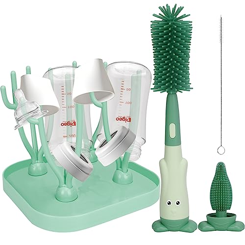 Image of Baby Bottle Drying Rack with Bottle Brush Set, Removable Baby Bottle Holder Baby Bottle Rack Dryer and Baby Bottle Brush Cleaner Nipple Cleaner for Baby Accessories Cleaning Drying Bottle Cup (Green)