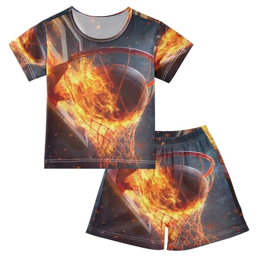 ALAZA Basketball Shot Fire Pajamas Set Short Sleeve Cotton Sleepwear Summer Pjs 2 Piece 5-14Y