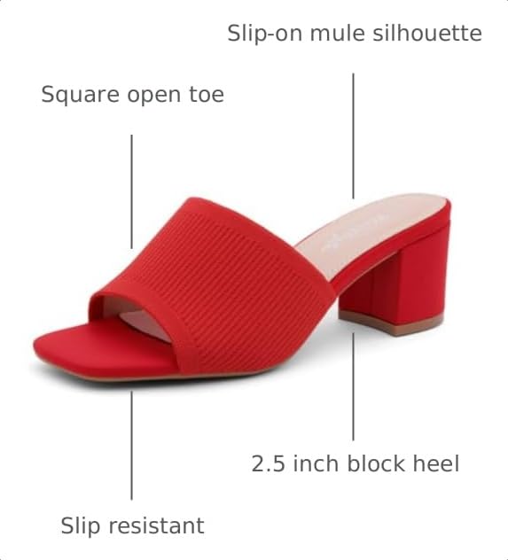 Image of Herstyle Square Open Toe Heeled Sandals for Women 2.5 Inch Low Block Chunky Heel Sandals Slip-On Mules Comfortable Dress Shoes for Party Wedding Office
