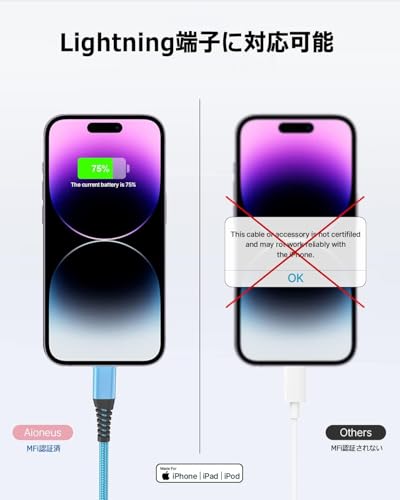 iphone 充電ケーブル 2m 3本セット Aioneus ライトニングケーブル lightning ケーブル ナイロン編み アイフォン 充電ケーブル あいふおん 充電コード 充電器 コード iPhone 14 13 12 XR XS Pro Max 8 7 6 plus SE