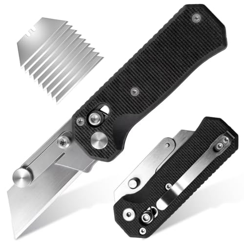 Folding Utility Knife, Pocket Knife, Box cutter Knife with Pocket & Rail Lock, Durable Razor Knife for Home Office Warehouse Everyday Carry, Gift for Men Women（Black）