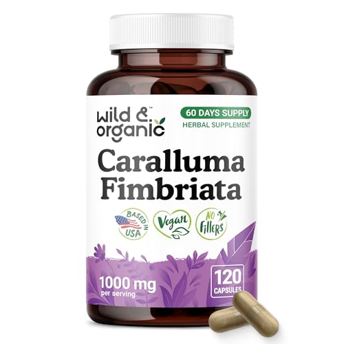 Wild & Organic Caralluma Fimbriata Capsules 1000 mg - Overall Support - Caralluma Extract Supplement - Vegan No Fillers Non-GMO - 120 Count
