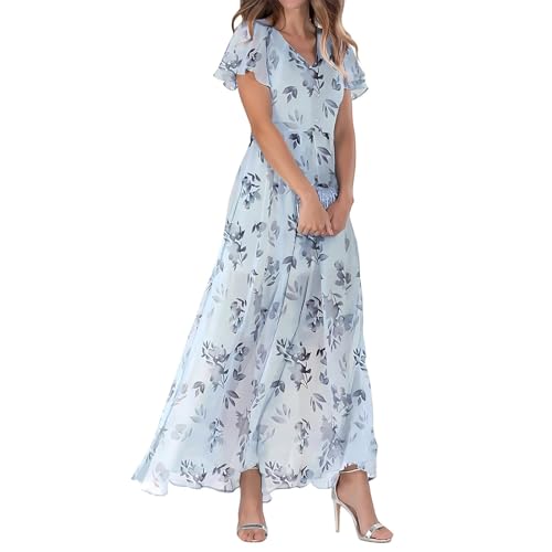 Beach Dresses for Women Holiday 2026 Floral Print Chiffon A-Line Midi Dress purple yellow brown navy lilac Short Sleeve V Neck Casual Flowy Evening Cocktail Dresses for Special Occasions Wedding Guest