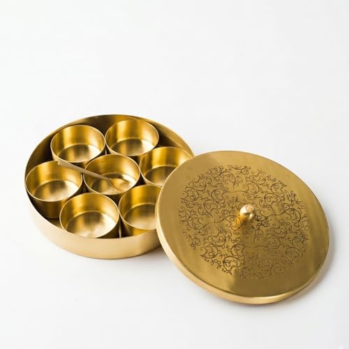 Image of Brass Masala Box for Kitchen with Spoon (7 Detachable Spice Katoris) | Handcrafted Etched Lid, Antique Brass Finish | Airtight Masala Dabba Masala Dani Namak Dani (18 cm) (Design 2)