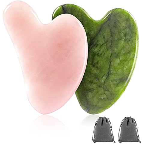 Yosemy 2Stk Gua Sha,1Stk Jade Gesicht Massagestein+1Stk Rosenquarz Guasha Stein Massage Werkzeug mit 2Stk Samtbeutel Scraping Beauty-Tool SPA Gesichtspflegewerkzeug für Hals Körper Kristall Herzform Cover