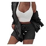 HRESSLBD Women's Solid Hooded Outwear and Sleeveless Crop Tank Tops Shorts Set, 3 Piece Leisure Set for Women Daily Lounging Casual Wear, Womens 3 Piece Warm Fuzzy Outfit Pajamas (Black, M)