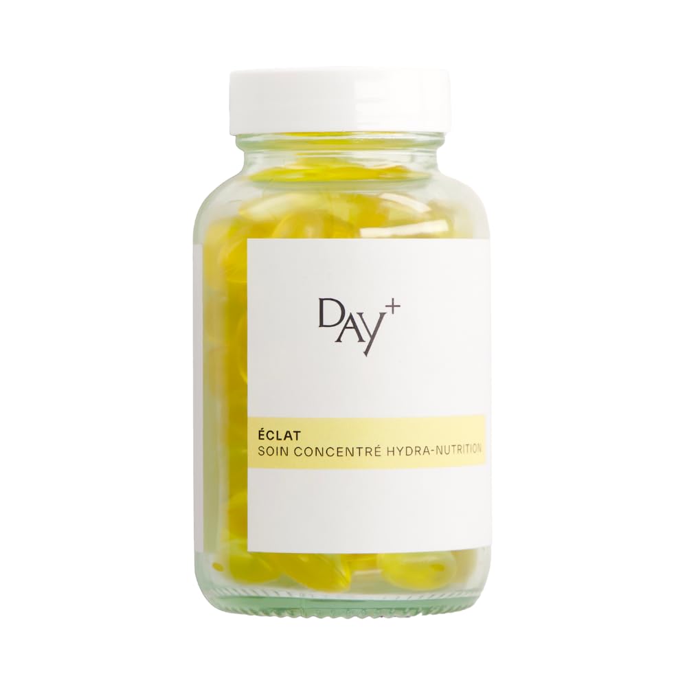DAY+ | Soin Concentré Hydra-Nutrition | Complément alimentaire Éclat | Répare & Apaise les peaux sensibles, Repulpe la peau | 3 huiles : Chia, Onagre, Bourrache | 30 capsules Vegan