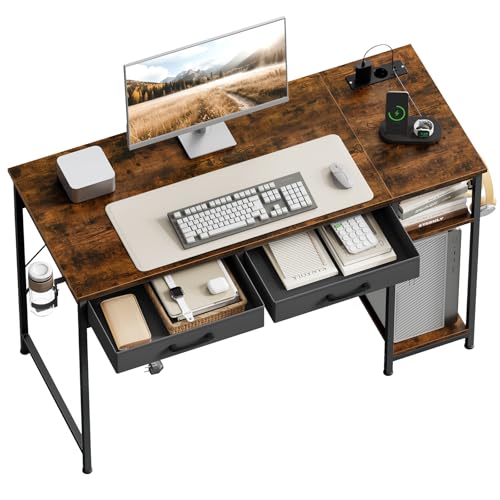 WOLTU Mesa Escritorio con 2 Cajones y 2 Estanterías, Puerto USB Tipo C y Estación de Carga, Portavasos y Gancho, para Estudio y Oficina, 120x51x75 cm, Marrón rústico
