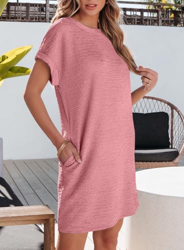 Image of EVALESS Womens Summer Dresses 2026 Fashion Short Sleeve Cute Spring Mini Dress Crewneck Casual Beach Vacation Dresses