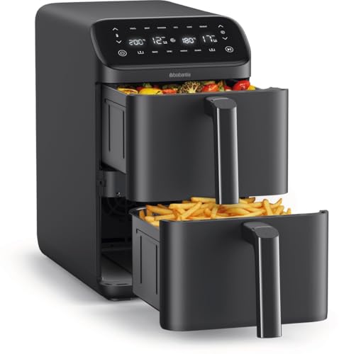Brabantia Double Stack Airfryer XXl, 10 litros, 2700 vatios, 80-200 grados, libre de PFAS, 6 programas automáticos, pantalla táctil digital, cajones dobles, pies antideslizantes, Negro, BBEK1240