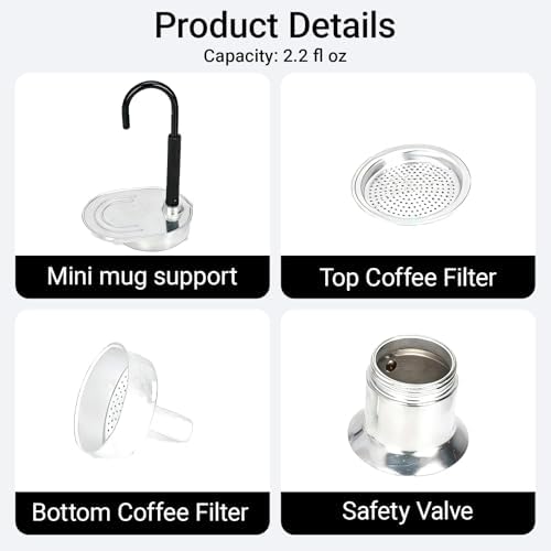 Moka Pot Espresso Maker 50ml Single Tube Aluminum Alloy Spout 1 Cup Italian Coffee Maker for Camping Travel Outdoor Parties, Silvery — view 2