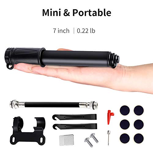 Mempedont Mini Bicycle Pump, Bike Tire Pump with Glueless Puncture Repair Kit & Mount Kit, Fits Presta & Schrader, for Road, Mountain & BMX Bikes, 100 PSI High Pressure, Fast Tire Inflation